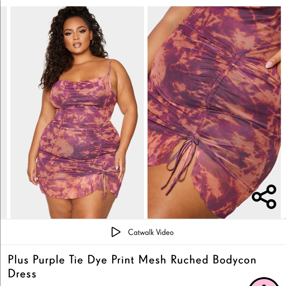 Pretty Little Thing NWT. Plus purple tie dye print ruched body icon dress. US 22
